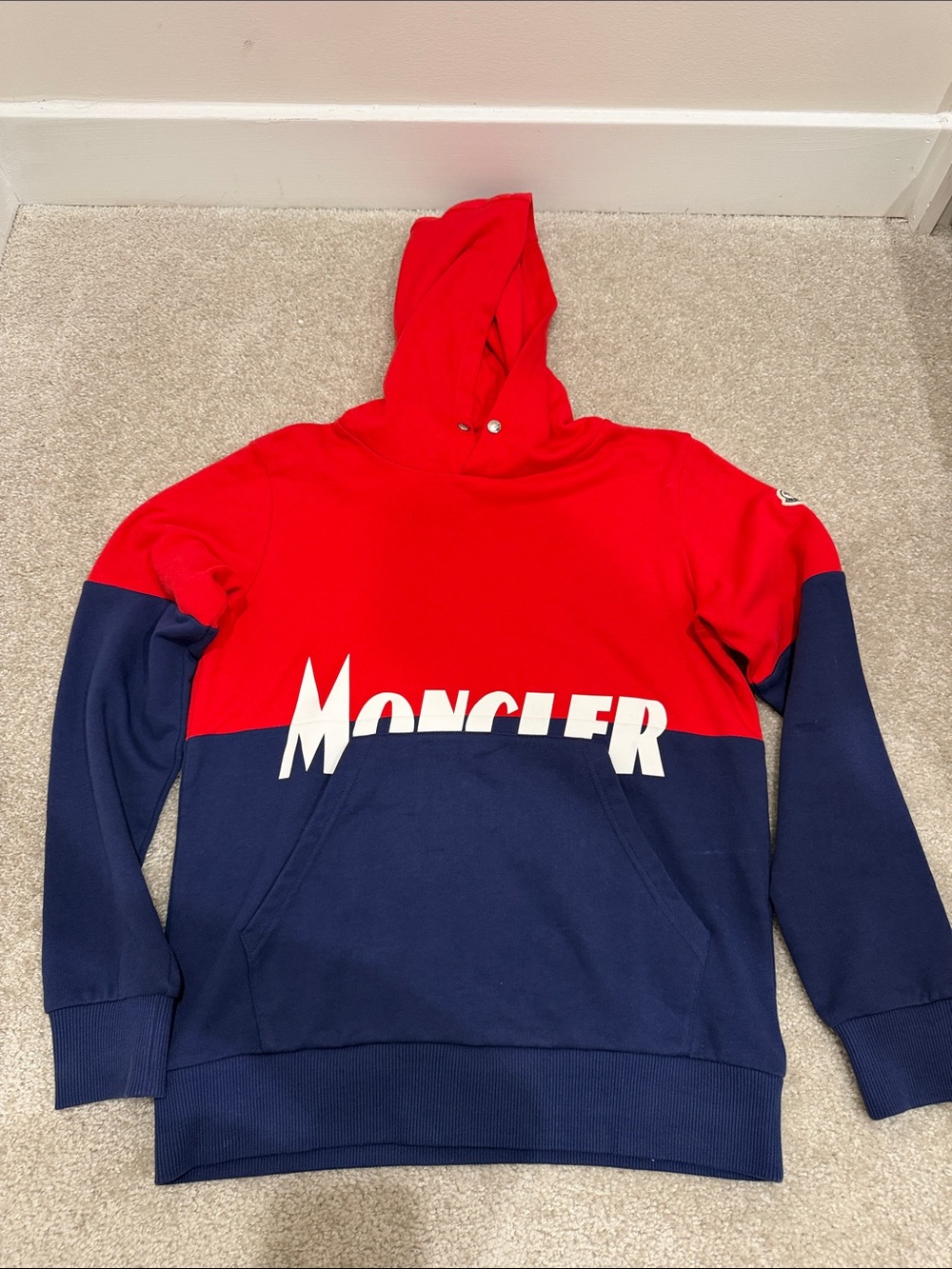 Moncler Red and Navy Colorblock Zip-Up Logo Sweater